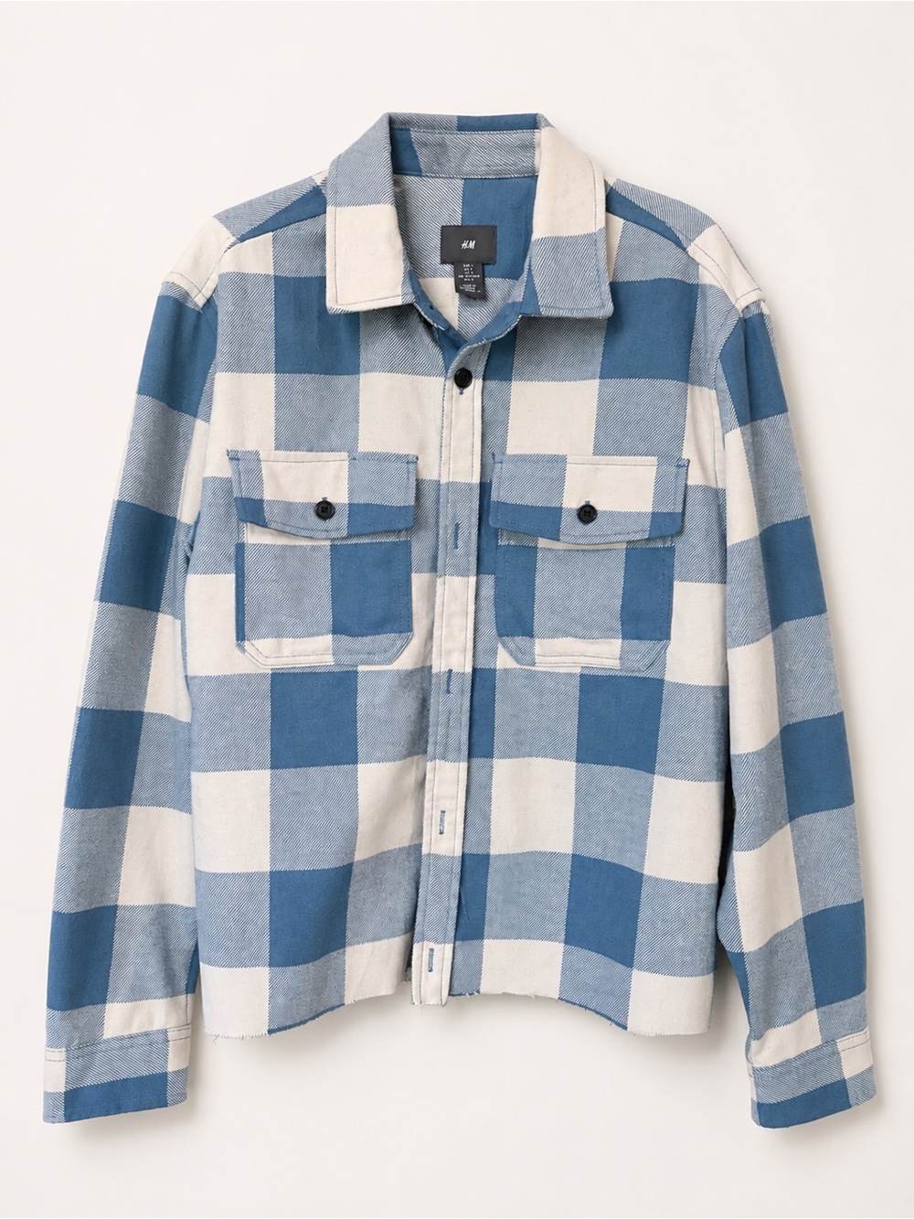 H&M Blue Buffalo Plaid Button Up Shacket Shirt Jacket Raw Hem - Size L EUC